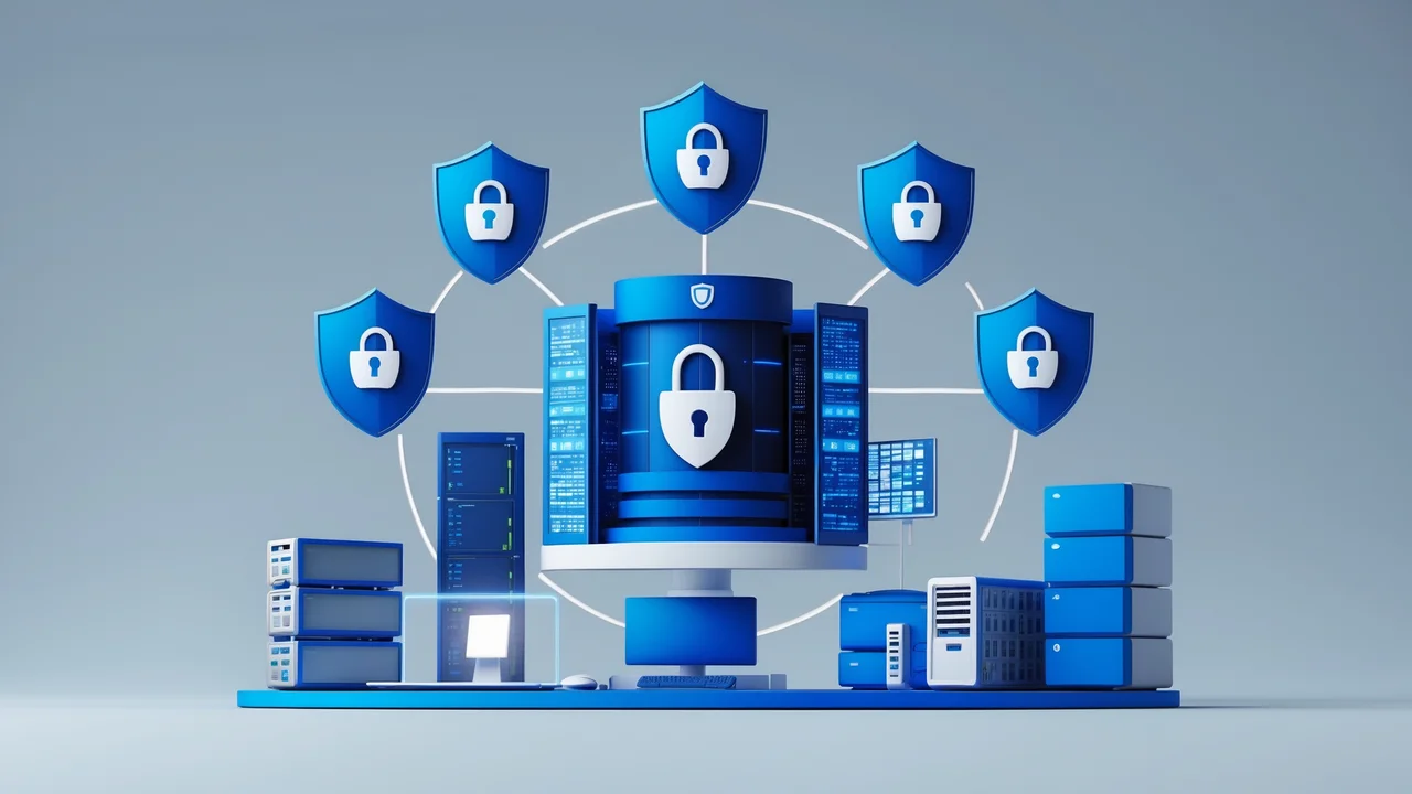 Illustrazione cybersicurezza aziendale con scudi protezione dati server