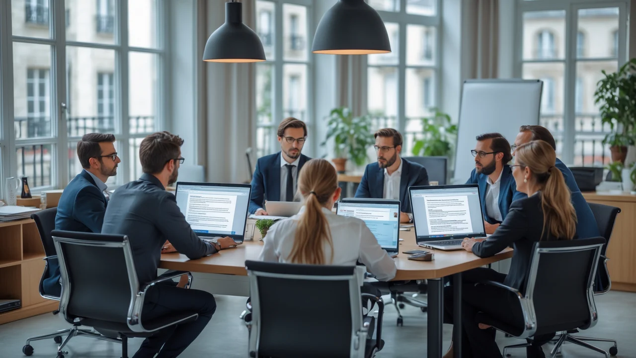 Team in formazione GDPR ufficio moderno laptop riunione collaborativa