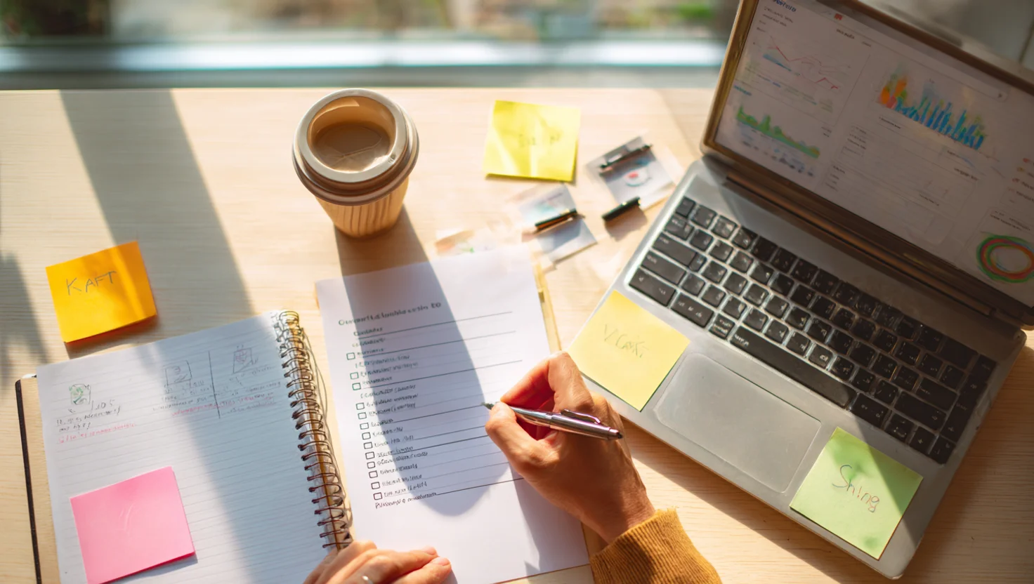 Imprenditore piccola impresa convalidando checklist ottimizzazione sito web con Google Analytics