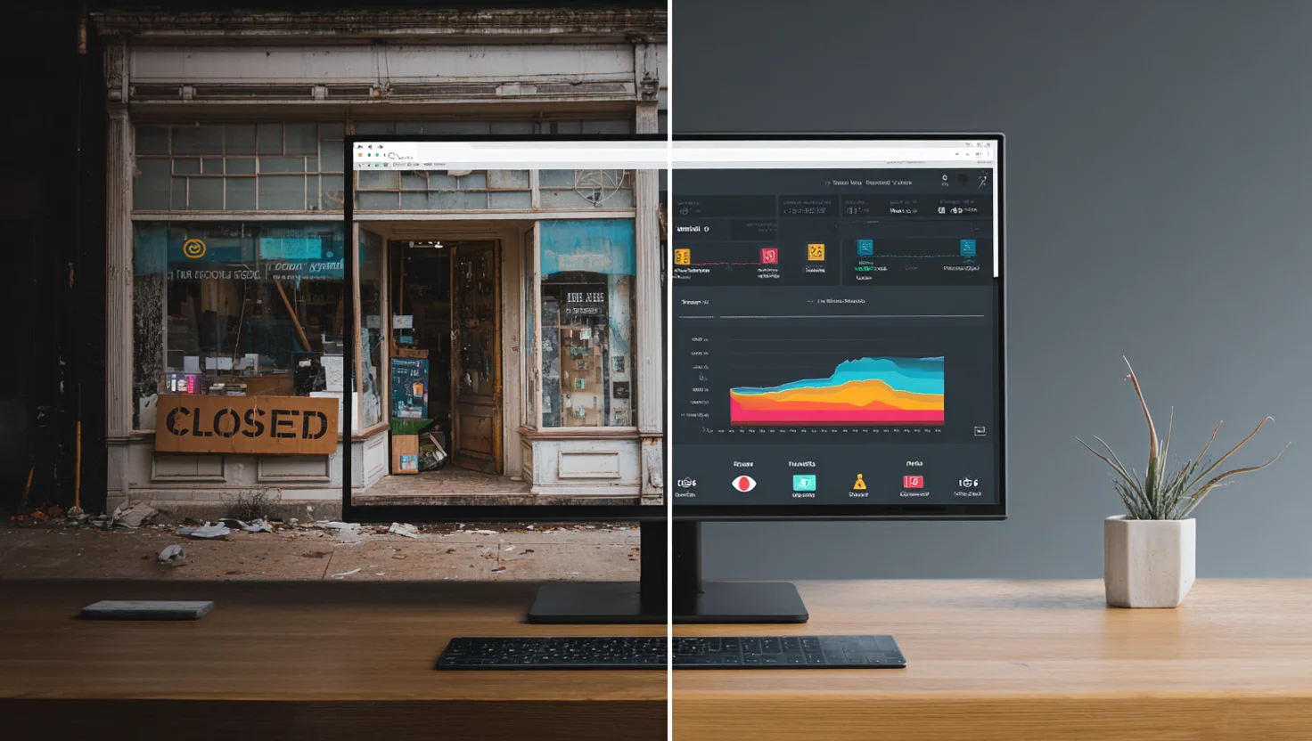Confronto negozio abbandonato versus sito web ottimizzato con analytics e conversioni
