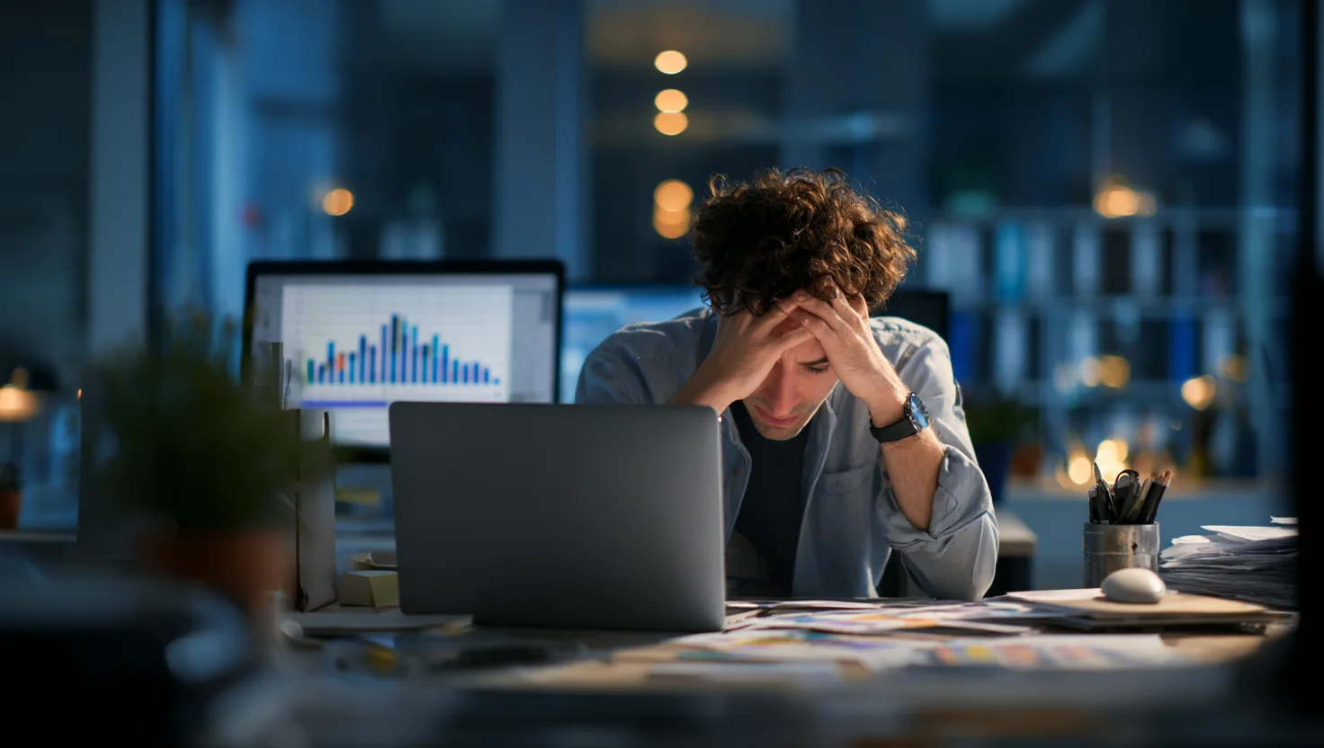 Imprenditore piccola impresa frustrato analizzando sito web con zero traffico e conversioni